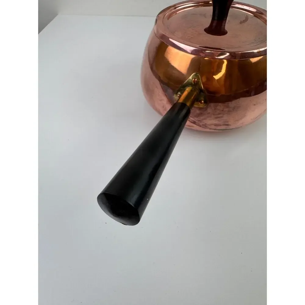 Vintage MCM Solid Copper Pot Rose Gold Metal Wooden Handle Lid Made In Portugal